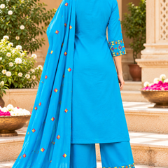 Women’s Turquoise blue  Embroidered Kurta Set with Palazzo Pants & Matching Dupatta – Traditional Festive Ethnic Wear