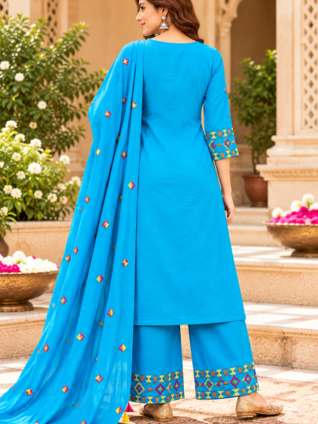 Women’s Turquoise blue  Embroidered Kurta Set with Palazzo  & Matching Dupatta – Traditional Festive Ethnic Wear