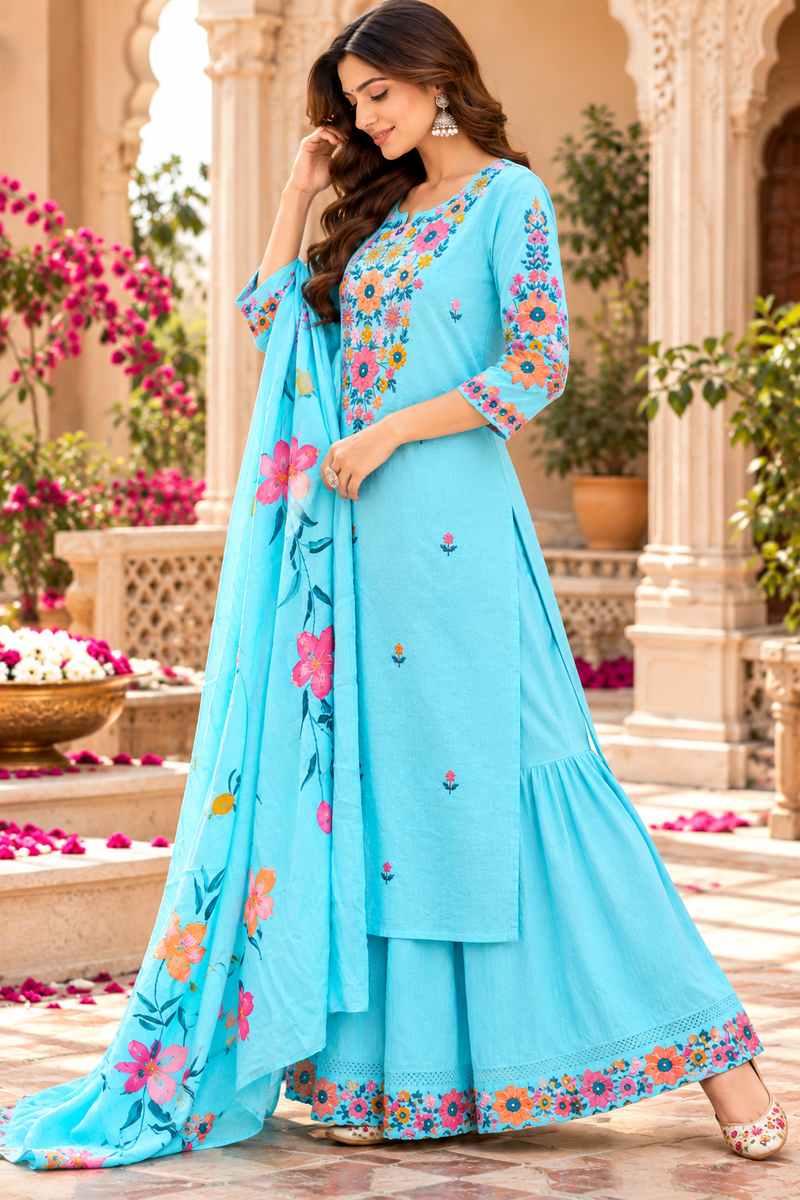 Women’s Turquoise blue    Embroidered Kurta Set with Palazzo Pants & Matching Dupatta – Traditional Festive Ethnic Wear