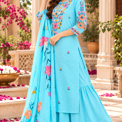 Women’s Turquoise blue    Embroidered Kurta Set with Palazzo Pants & Matching Dupatta – Traditional Festive Ethnic Wear