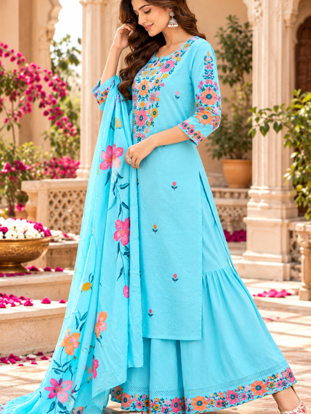 Women’s Turquoise blue    Embroidered Kurta Set with Palazzo Pants & Matching Dupatta – Traditional Festive Ethnic Wear