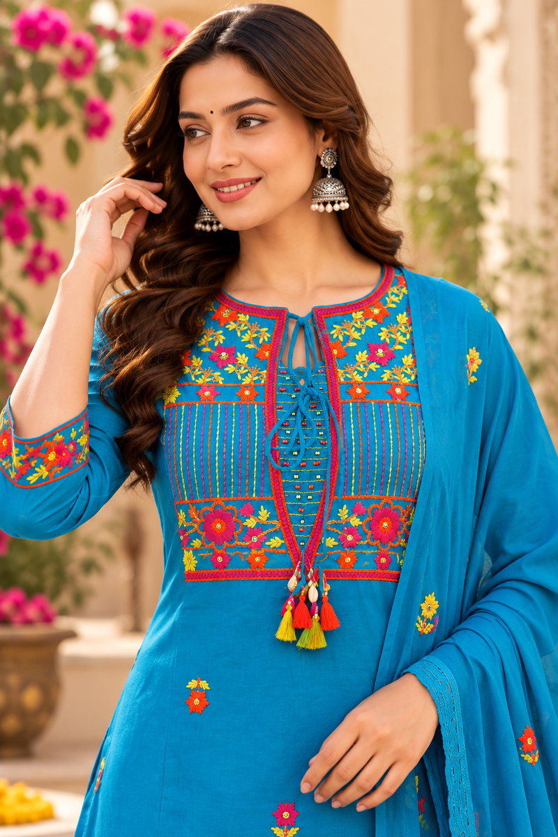 Women’s Turquoise blue    Embroidered Kurta Set with  Pants & Matching Dupatta – Traditional Festive Ethnic Wear