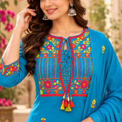 Women’s Turquoise blue    Embroidered Kurta Set with  Pants & Matching Dupatta – Traditional Festive Ethnic Wear
