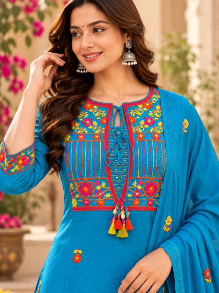 Women’s Turquoise blue    Embroidered Kurta Set with  Pants & Matching Dupatta – Traditional Festive Ethnic Wear