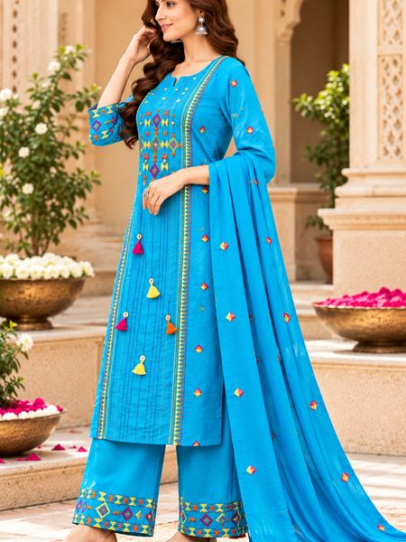 Women’s Turquoise blue  Embroidered Kurta Set with Palazzo  & Matching Dupatta – Traditional Festive Ethnic Wear