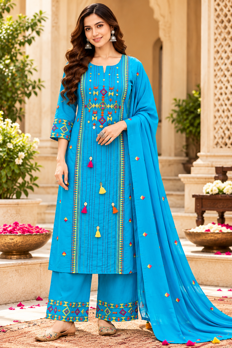 Women’s Turquoise blue  Embroidered Kurta Set with Palazzo Pants & Matching Dupatta – Traditional Festive Ethnic Wear