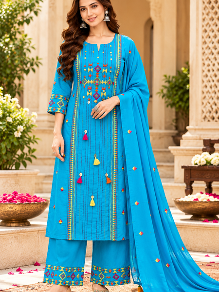 Women’s Turquoise blue  Embroidered Kurta Set with Palazzo Pants & Matching Dupatta – Traditional Festive Ethnic Wear