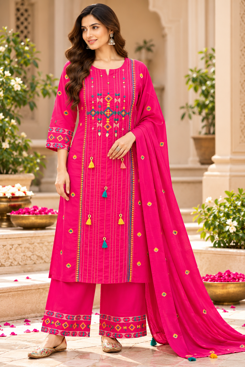 Women’s Hot Pink Embroidered Kurta Set with Palazzo Pants & Matching Dupatta – Traditional Festive Ethnic Wear