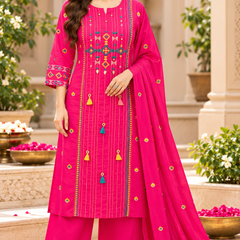 Women’s Hot Pink Embroidered Kurta Set with Palazzo Pants & Matching Dupatta – Traditional Festive Ethnic Wear