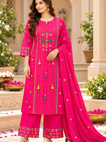 Women’s Hot Pink Embroidered Kurta Set with Palazzo Pants & Matching Dupatta – Traditional Festive Ethnic Wear
