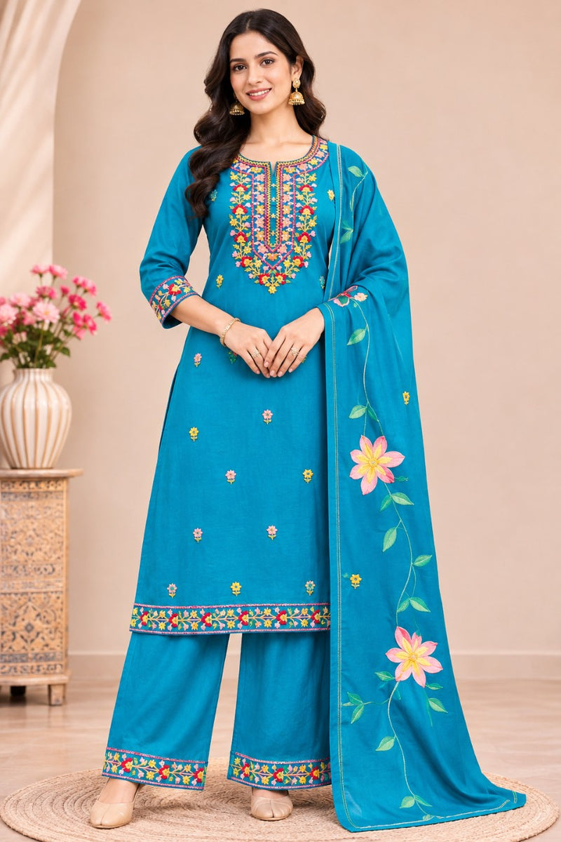 Women turqouise blue    Embroidered Kurta Set with Palazzo  & Matching Dupatta – Traditional Festive Ethnic Wear