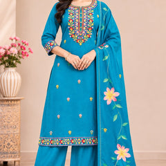 Women turqouise blue    Embroidered Kurta Set with Palazzo  & Matching Dupatta – Traditional Festive Ethnic Wear