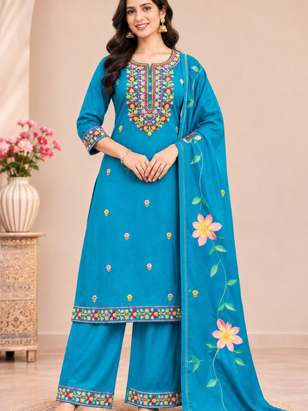 Women turqouise blue    Embroidered Kurta Set with Palazzo  & Matching Dupatta – Traditional Festive Ethnic Wear
