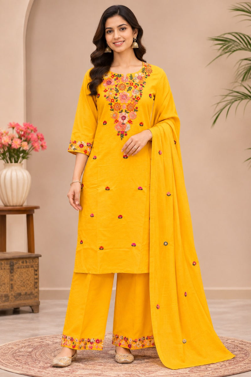 Women  yellow  Embroidered Kurta Set with Palazzo& Matching Dupatta – Traditional Festive Ethnic Wear