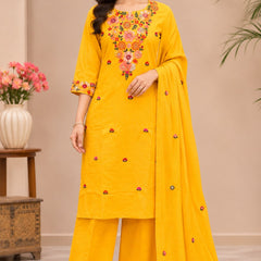 Women  yellow  Embroidered Kurta Set with Palazzo& Matching Dupatta – Traditional Festive Ethnic Wear