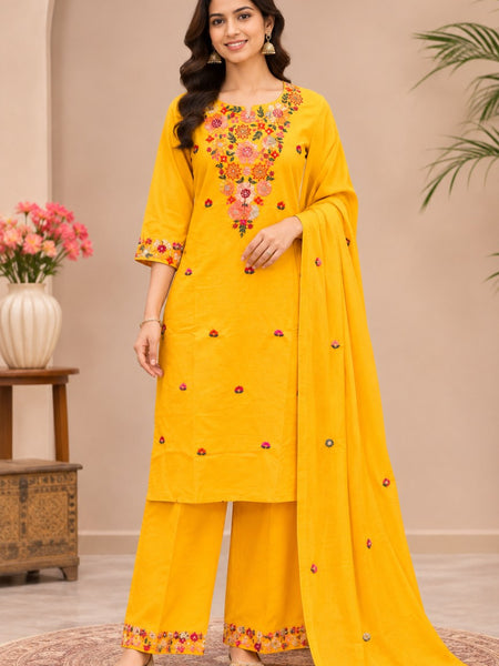 Women  yellow  Embroidered Kurta Set with Palazzo& Matching Dupatta – Traditional Festive Ethnic Wear