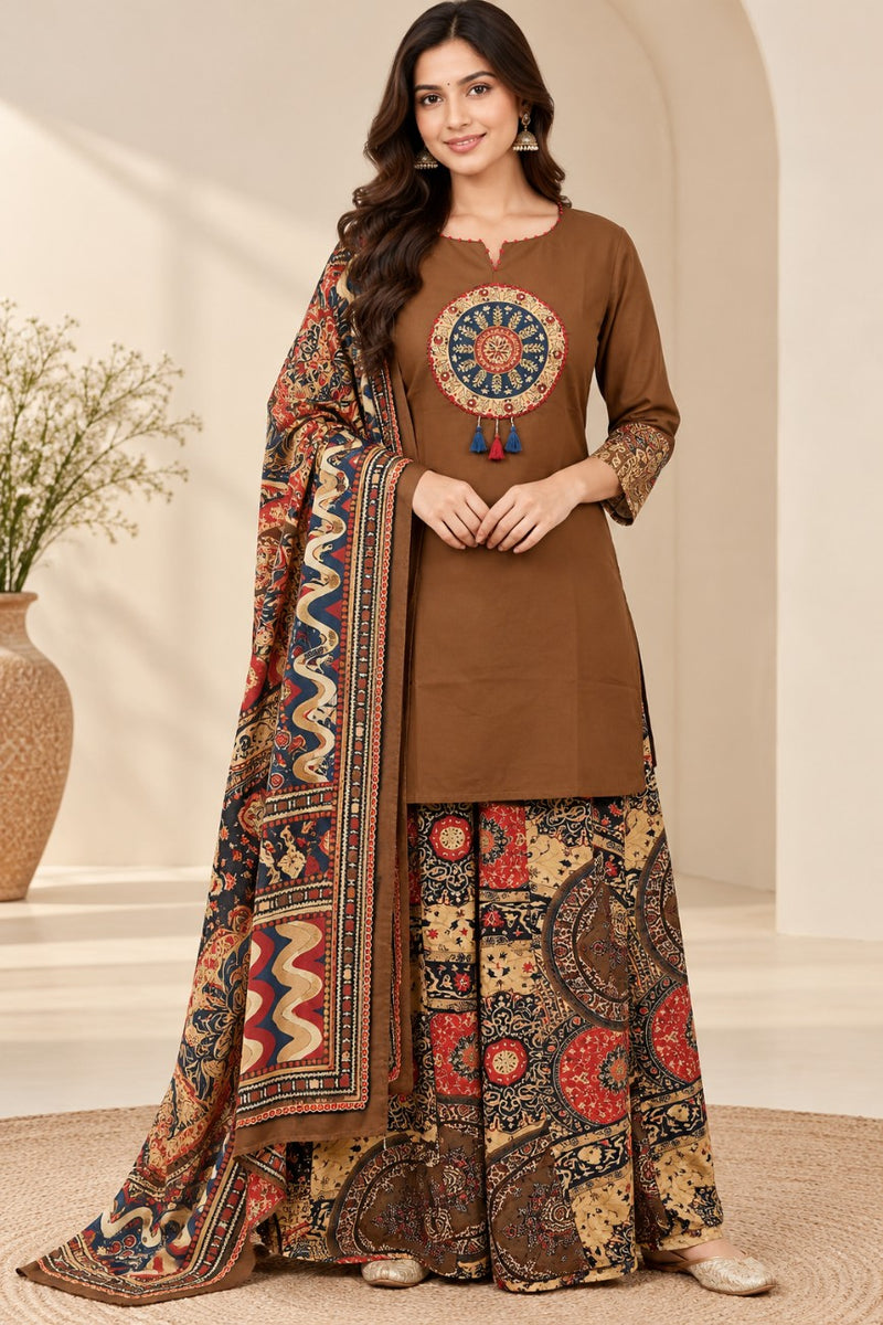 Women brown   Embroidered Kurta Set with Palazzo Pants & Matching Dupatta – Traditional Festive Ethnic Wear
