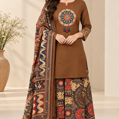 Women brown   Embroidered Kurta Set with Palazzo Pants & Matching Dupatta – Traditional Festive Ethnic Wear