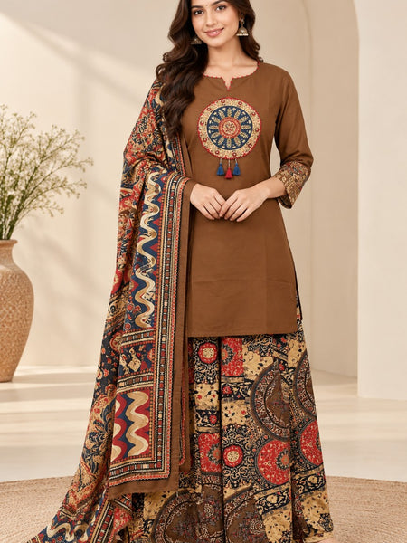 Women brown   Embroidered Kurta Set with Palazzo Pants & Matching Dupatta – Traditional Festive Ethnic Wear