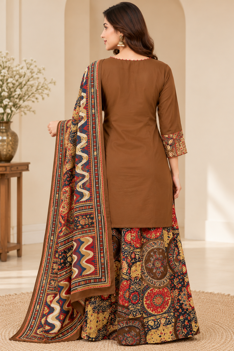 Women brown   Embroidered Kurta Set with Palazzo Pants & Matching Dupatta – Traditional Festive Ethnic Wear
