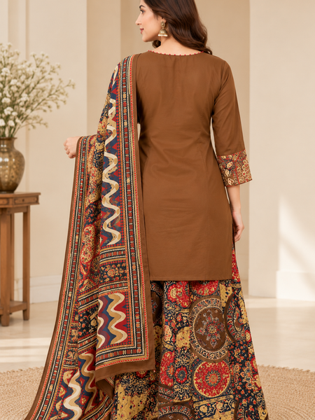 Women brown   Embroidered Kurta Set with Palazzo Pants & Matching Dupatta – Traditional Festive Ethnic Wear