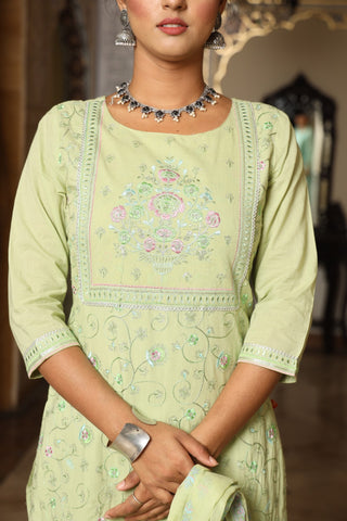 Designer Olive Green Embroidery Staright Kurta Set With Printed Dupatta