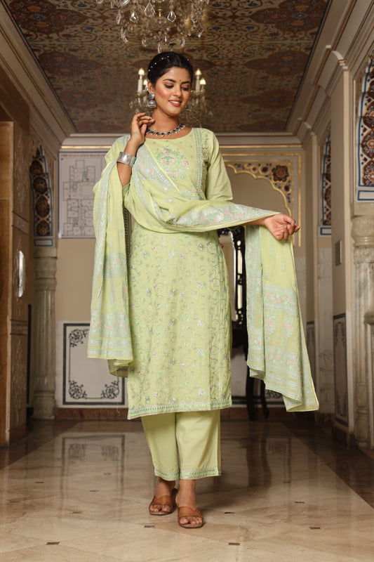 Designer Olive Green Embroidery Staright Kurta Set With Printed Dupatta