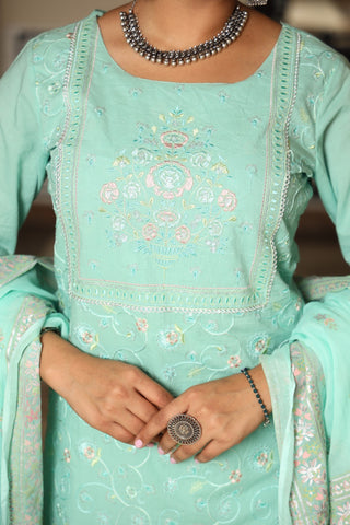 Designer Sea Green Embroidery Staright Kurta Set With Printed Dupatta