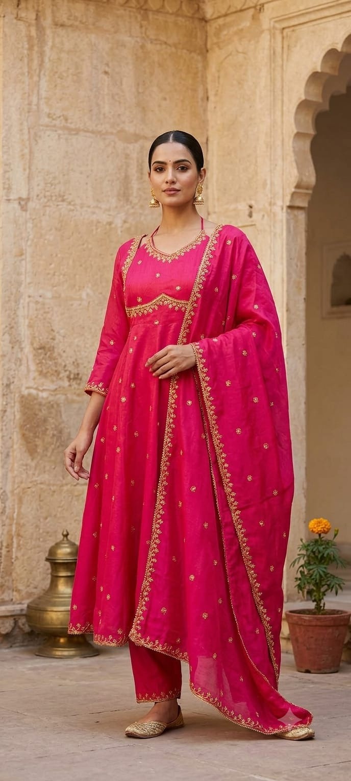 Women Pink  Embroidered Kurta Set with Palazzo Pants & Matching Dupatta – Traditional Festive Ethnic Wear