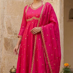 Women Pink  Embroidered Kurta Set with Palazzo Pants & Matching Dupatta – Traditional Festive Ethnic Wear