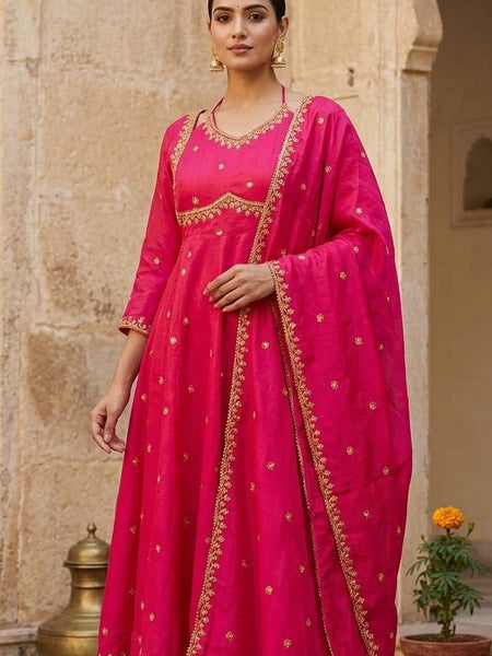 Women Pink  Embroidered Kurta Set with Palazzo Pants & Matching Dupatta – Traditional Festive Ethnic Wear