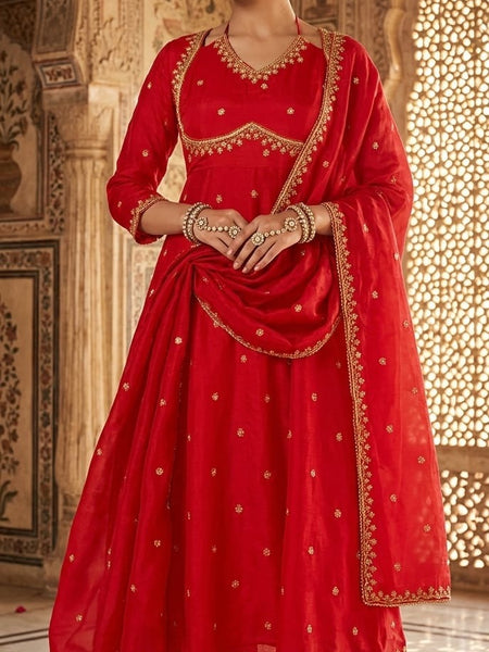 Women Red  Embroidered Kurta Set with Palazzo Pants & Matching Dupatta – Traditional Festive Ethnic Wear
