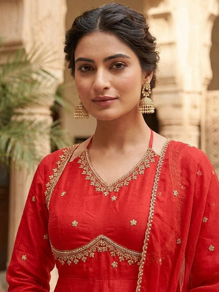 Women Red  Embroidered Kurta Set with Palazzo Pants & Matching Dupatta – Traditional Festive Ethnic Wear