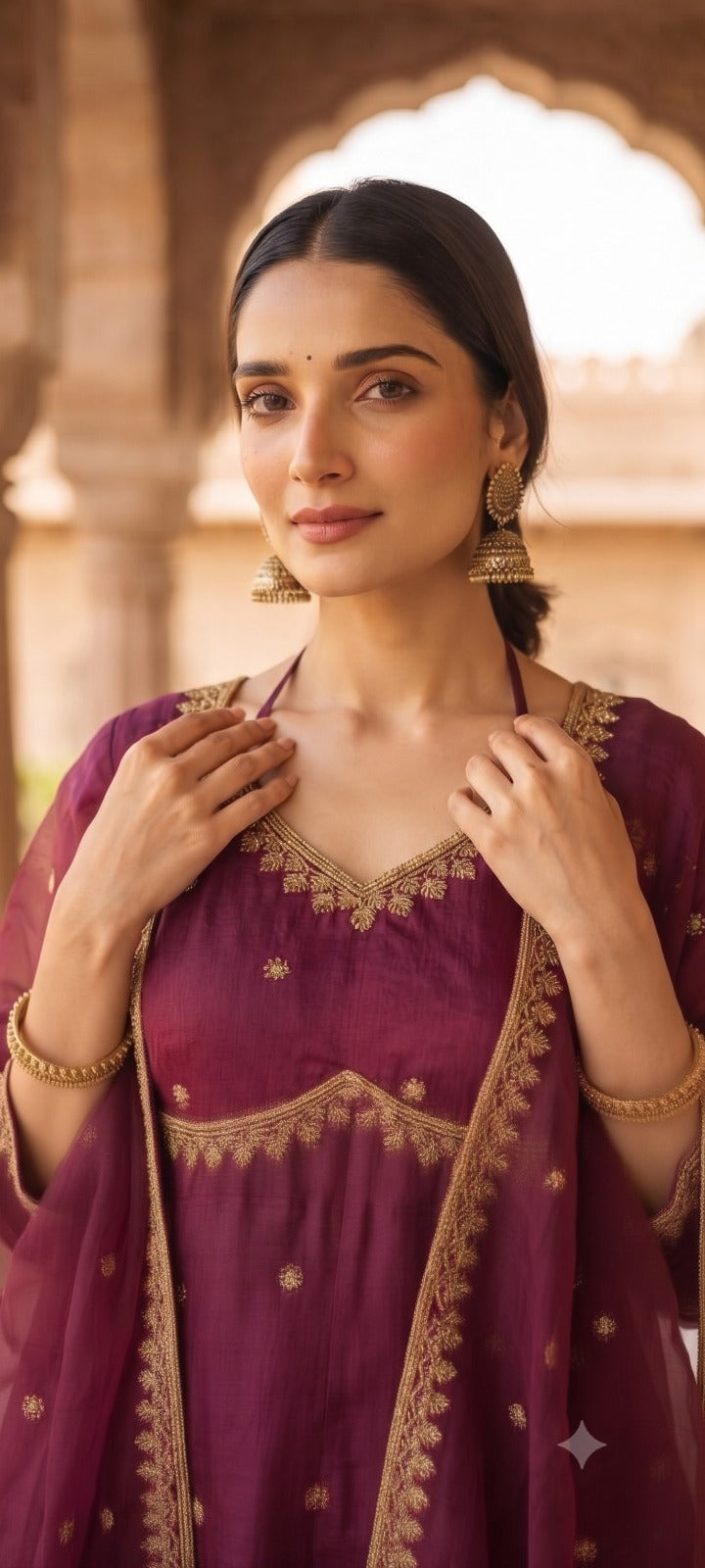 Women Wine  Embroidered Kurta Set with Palazzo Pants & Matching Dupatta – Traditional Festive Ethnic Wear