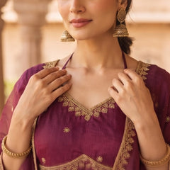 Women Wine  Embroidered Kurta Set with Palazzo Pants & Matching Dupatta – Traditional Festive Ethnic Wear