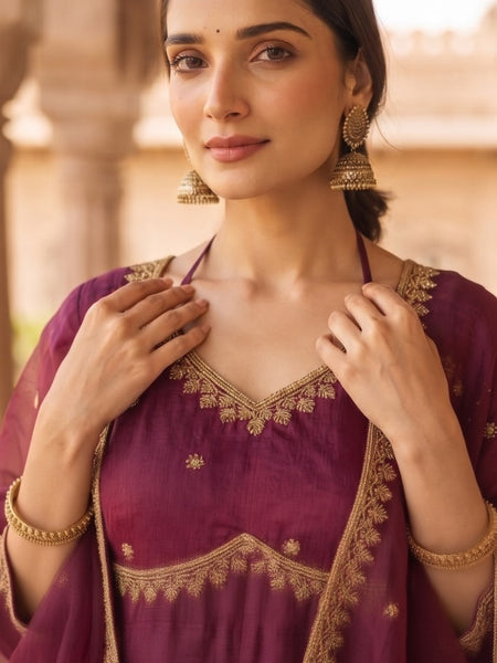 Women Wine  Embroidered Kurta Set with Palazzo Pants & Matching Dupatta – Traditional Festive Ethnic Wear