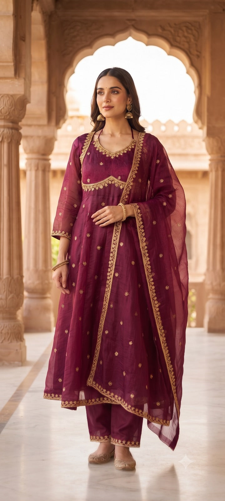 Women Wine  Embroidered Kurta Set with Palazzo Pants & Matching Dupatta – Traditional Festive Ethnic Wear