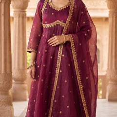 Women Wine  Embroidered Kurta Set with Palazzo Pants & Matching Dupatta – Traditional Festive Ethnic Wear