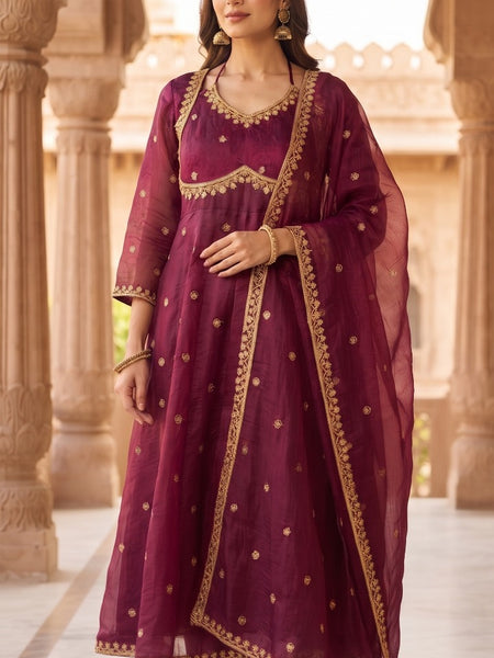 Women Wine  Embroidered Kurta Set with Palazzo Pants & Matching Dupatta – Traditional Festive Ethnic Wear