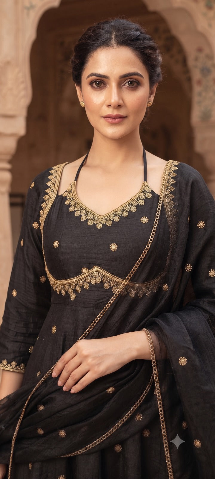 Women black   Embroidered Kurta Set with Palazzo Pants & Matching Dupatta – Traditional Festive Ethnic Wear