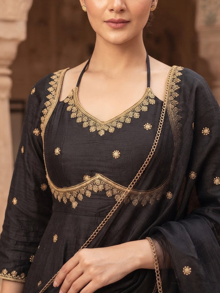 Women black   Embroidered Kurta Set with Palazzo Pants & Matching Dupatta – Traditional Festive Ethnic Wear