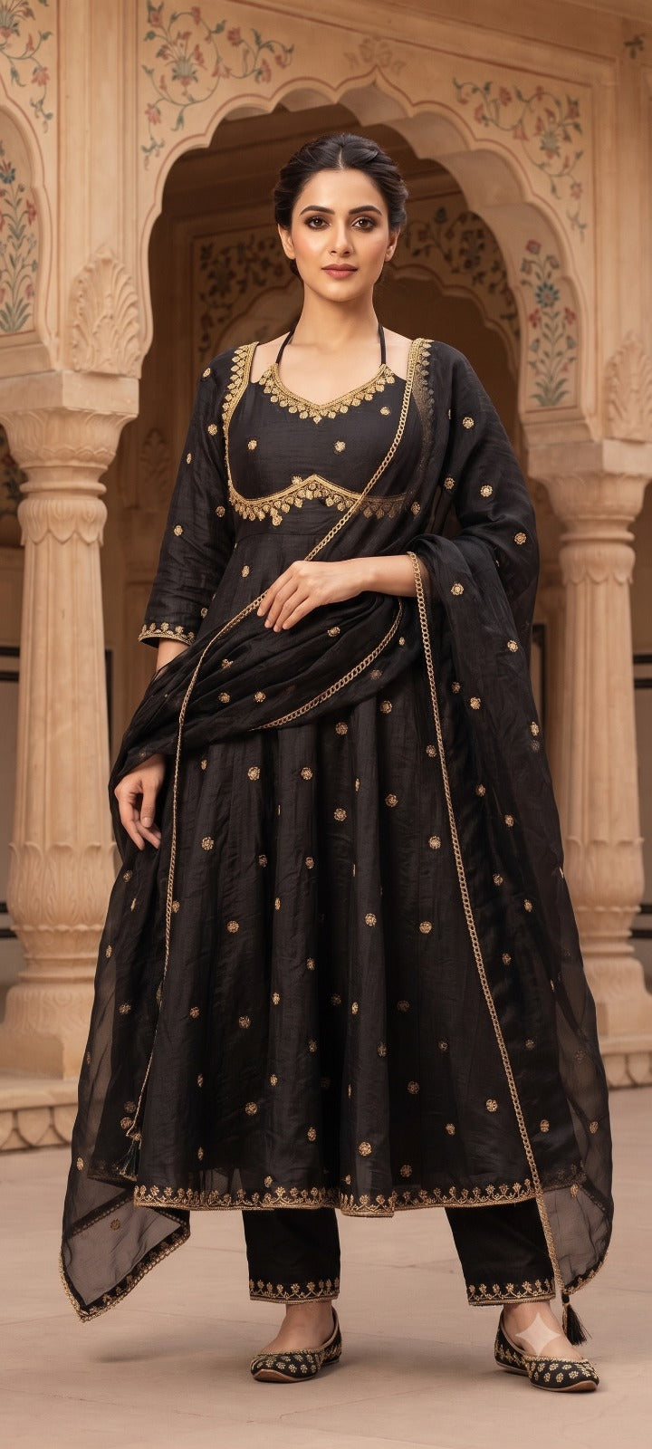 Women black   Embroidered Kurta Set with Palazzo Pants & Matching Dupatta – Traditional Festive Ethnic Wear