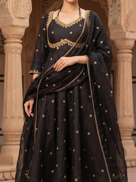 Women black   Embroidered Kurta Set with Palazzo Pants & Matching Dupatta – Traditional Festive Ethnic Wear