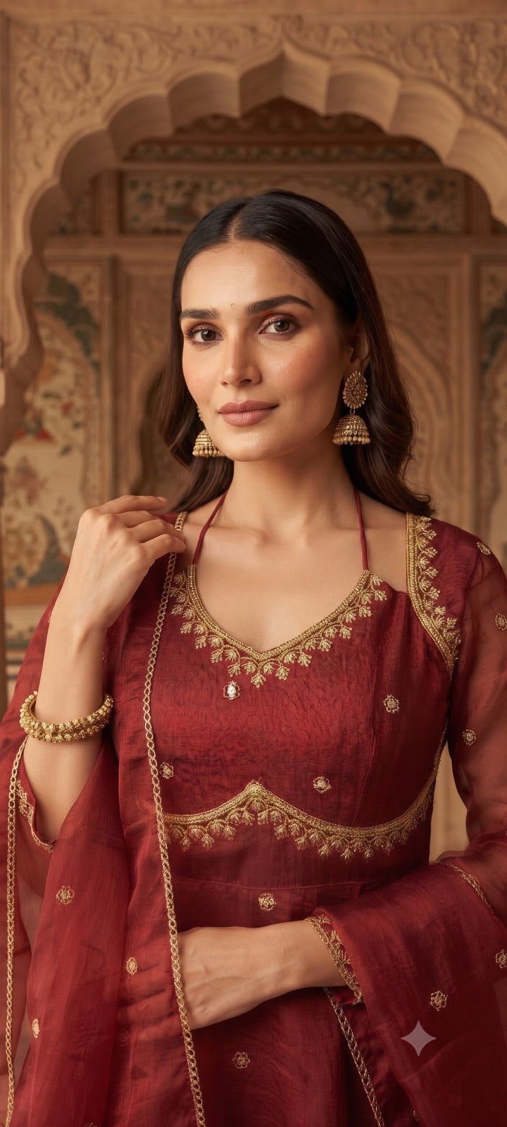 Women Maroon  Embroidered Kurta Set with Palazzo Pants & Matching Dupatta – Traditional Festive Ethnic Wear