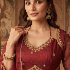 Women Maroon  Embroidered Kurta Set with Palazzo Pants & Matching Dupatta – Traditional Festive Ethnic Wear