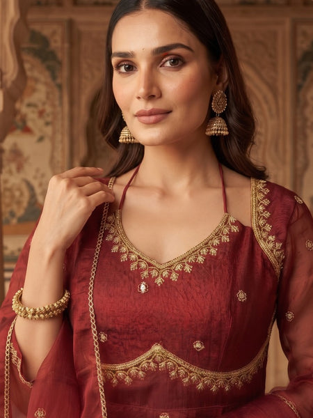 Women Maroon  Embroidered Kurta Set with Palazzo Pants & Matching Dupatta – Traditional Festive Ethnic Wear