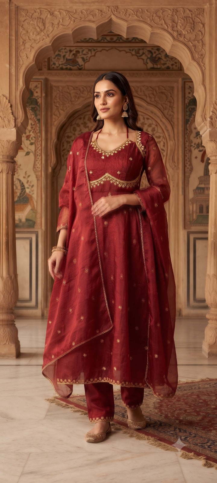 Women Maroon  Embroidered Kurta Set with Palazzo Pants & Matching Dupatta – Traditional Festive Ethnic Wear