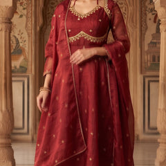 Women Maroon  Embroidered Kurta Set with Palazzo Pants & Matching Dupatta – Traditional Festive Ethnic Wear