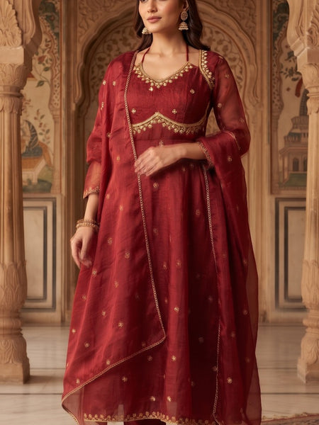 Women Maroon  Embroidered Kurta Set with Palazzo Pants & Matching Dupatta – Traditional Festive Ethnic Wear