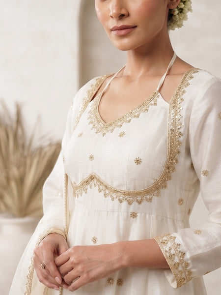 Women White   Embroidered Kurta Set with Palazzo Pants & Matching Dupatta – Traditional Festive Ethnic Wear